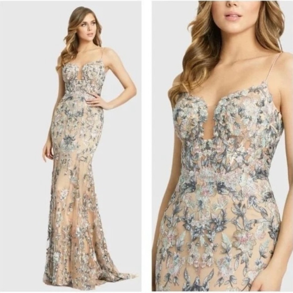 NWT MAC DUGGAL 79313 Embroidered Spaghetti Strap Trumpet Gown Size 10 in Nude